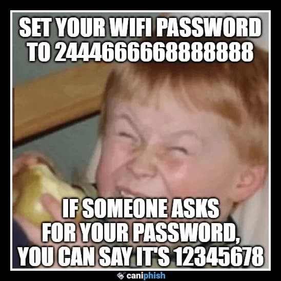 Meme showing a child squinting and grinning mischievously while eating a pear. Text reads: "Set your wifi password to 2444666668888888. If someone asks for your password, you can say it's 1234567.