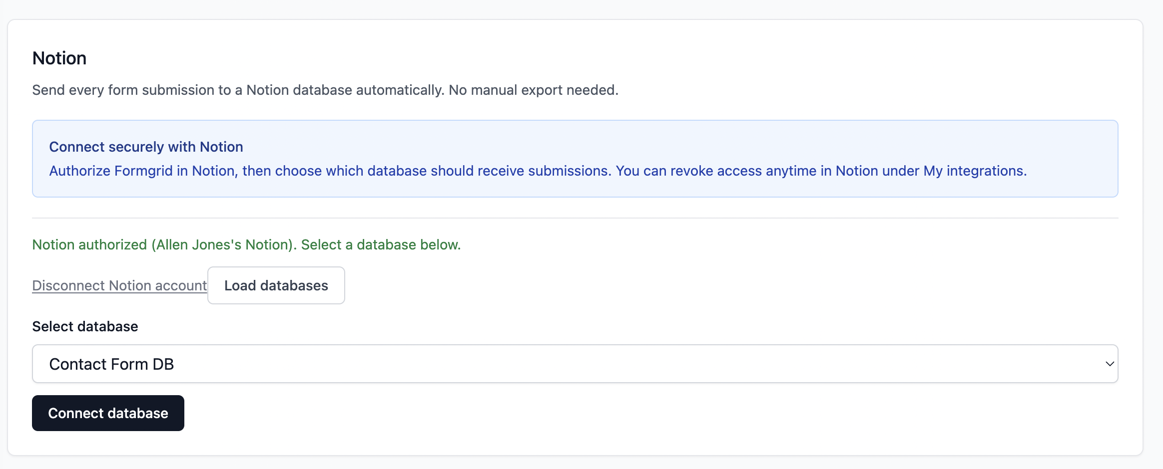 First Screenshot: Formgrid Integrations tab showing a connected Notion database with the disconnect option