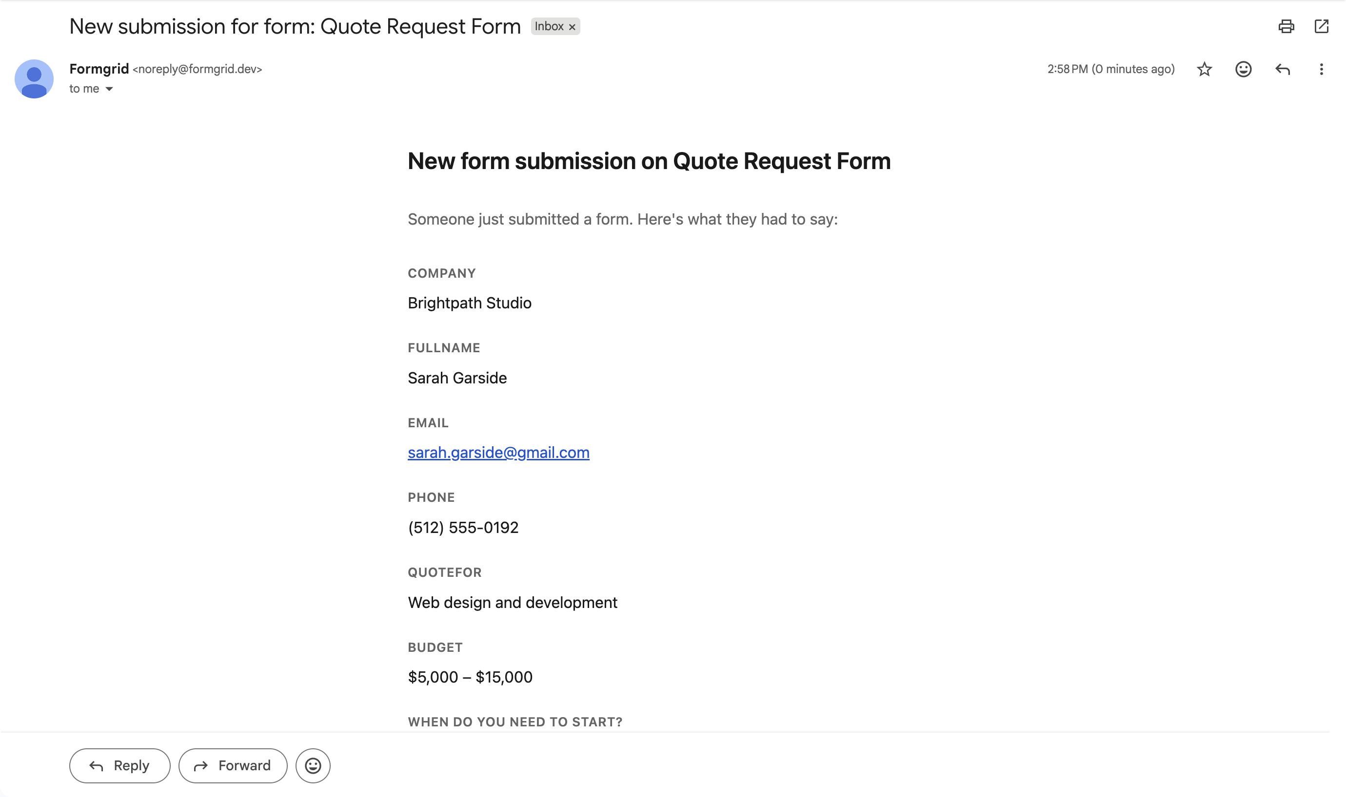 Screenshot: Formgrid email notification for a quote request