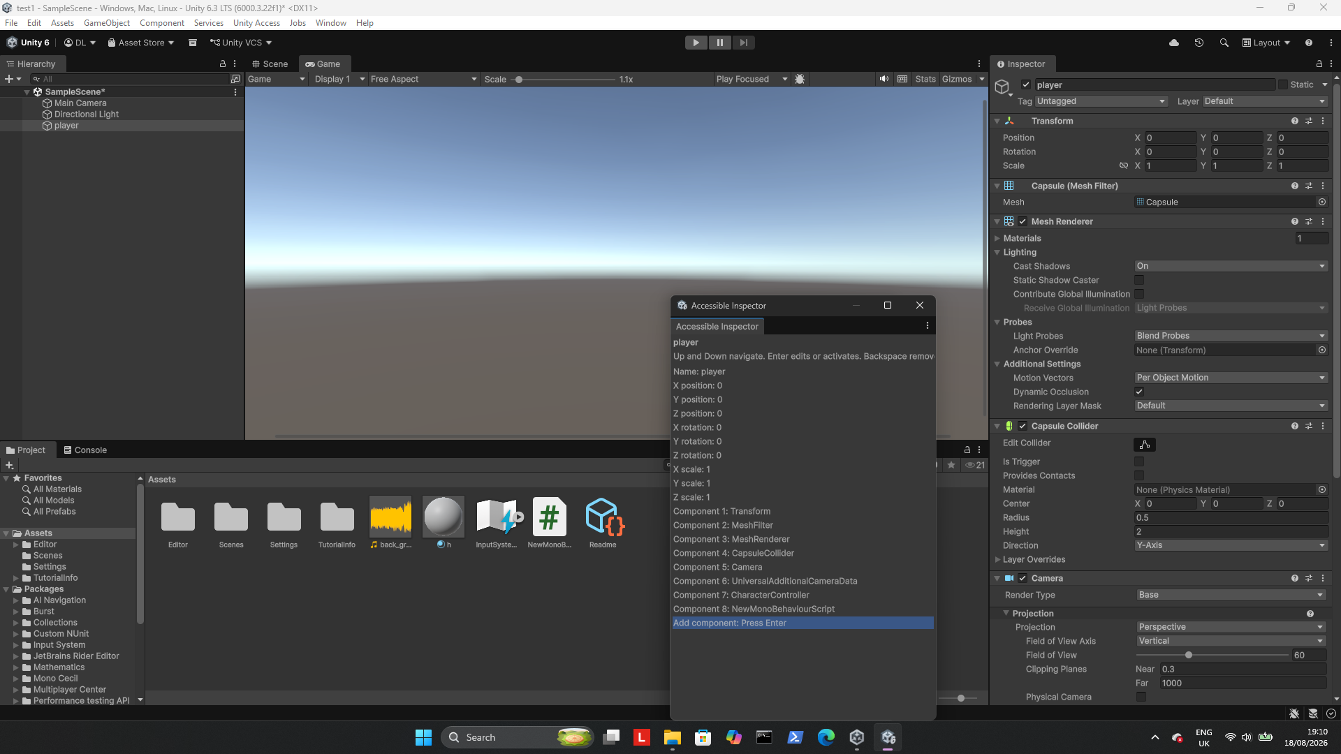the image is of all the components added to the player in the inspector.