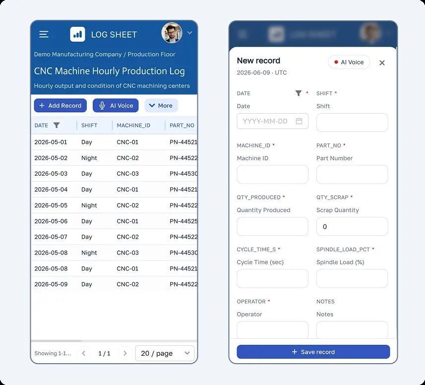 Mobile version of Log Sheet