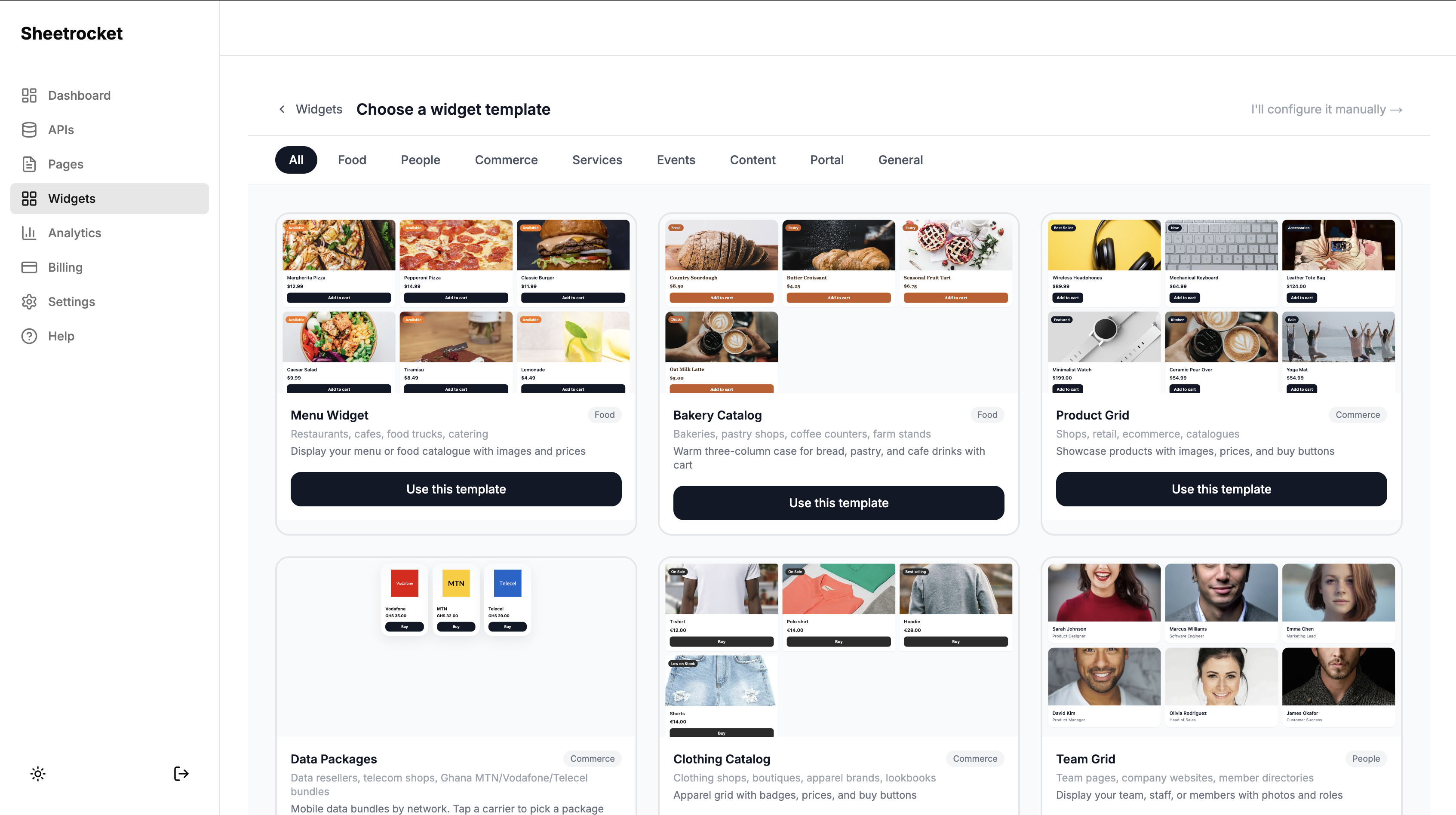 Screenshot of the widget template gallery with Menu Widget highlighted