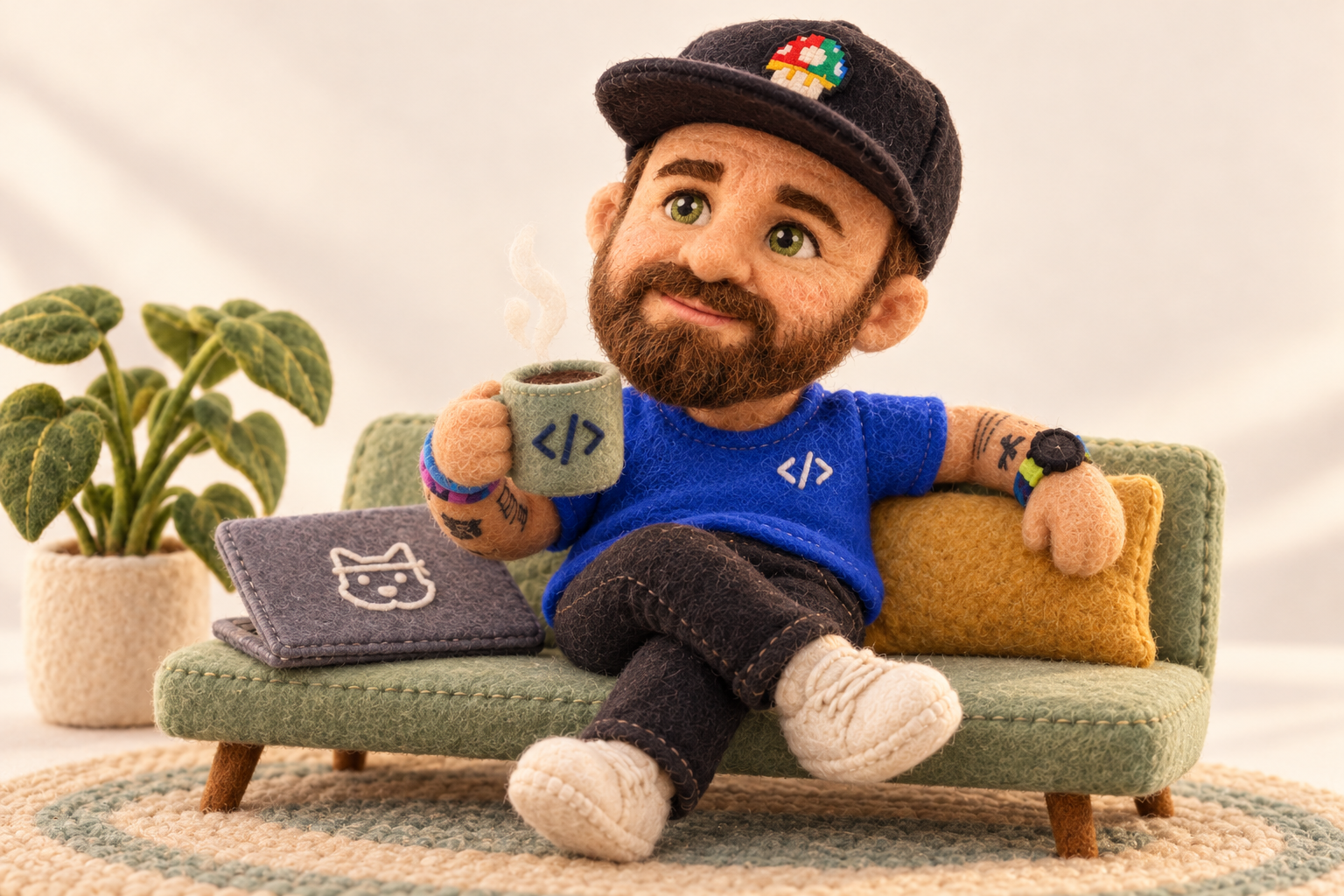 Plush Emanuele taking a coffee break beside a closed laptop.