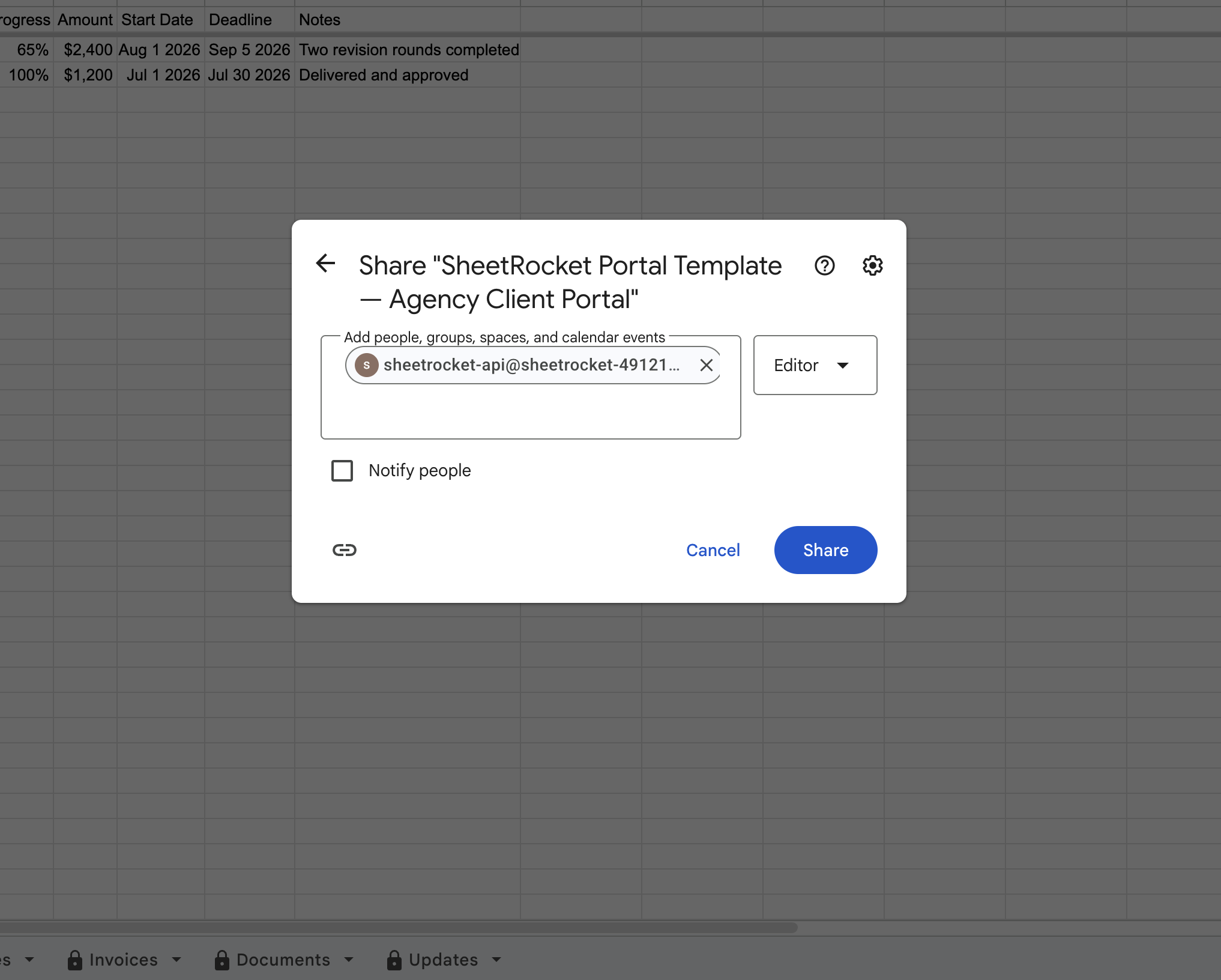 Screenshot of the Google Sheets share dialog with the service account email pasted in and Viewer permission selected