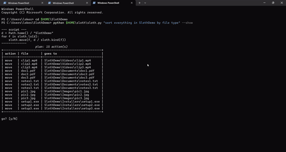 Sloth demo: type a chore, preview the plan, press y, undo