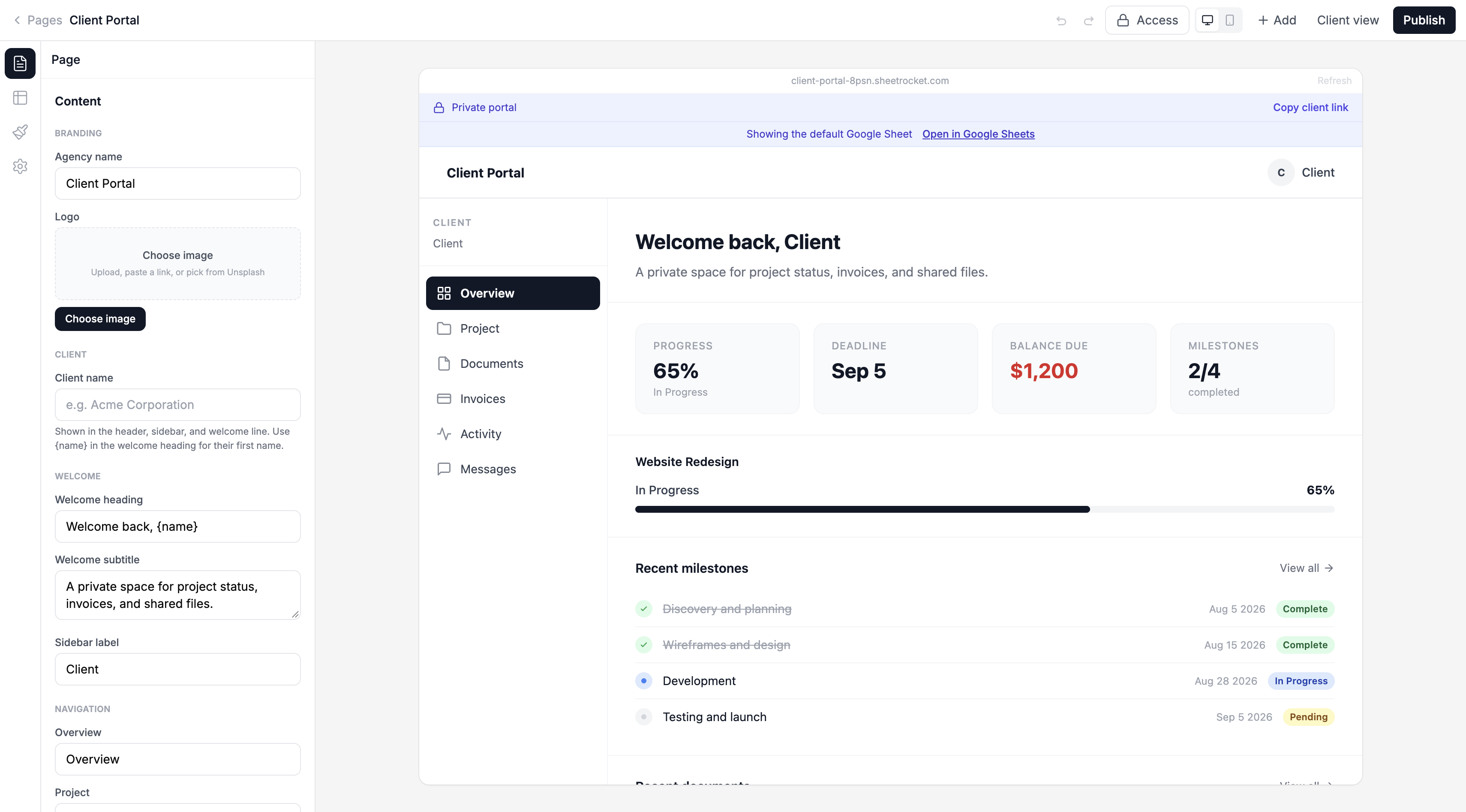 Screenshot of the portal editor showing the agency portal with sidebar navigation, welcome header, stats row, and preview sections