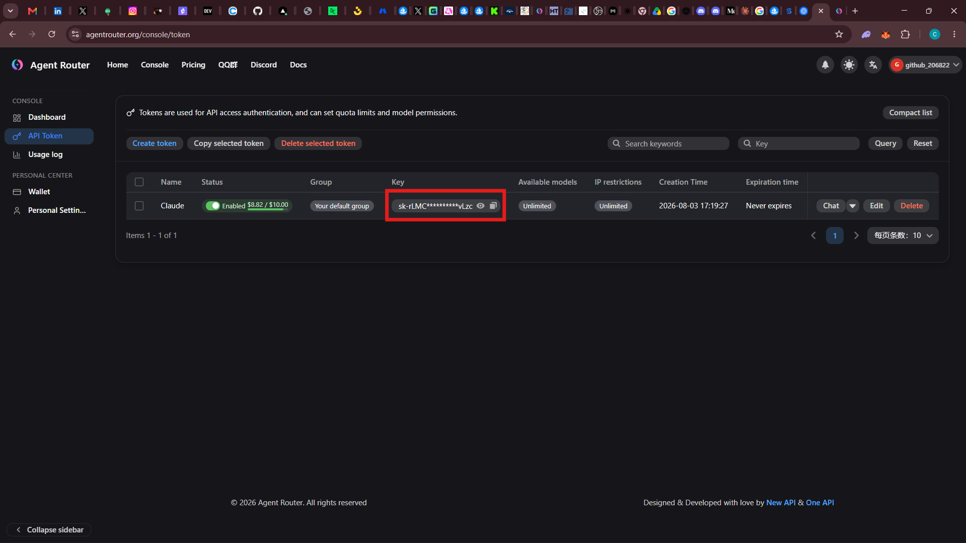 created api token