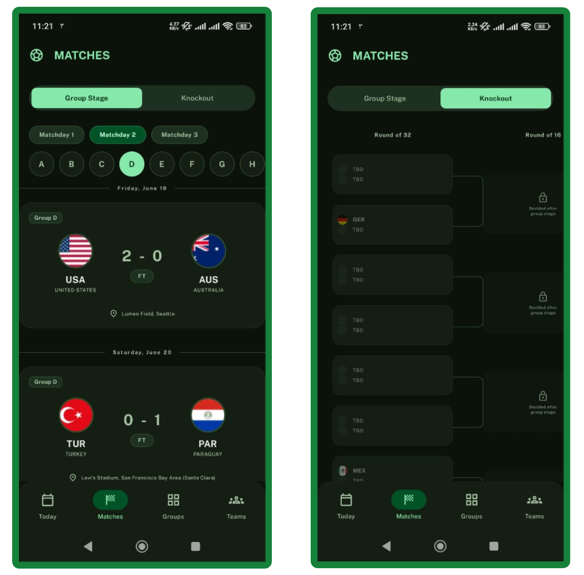The Kickoff26 Matches screen, built by KMPilot from a Stitch design.