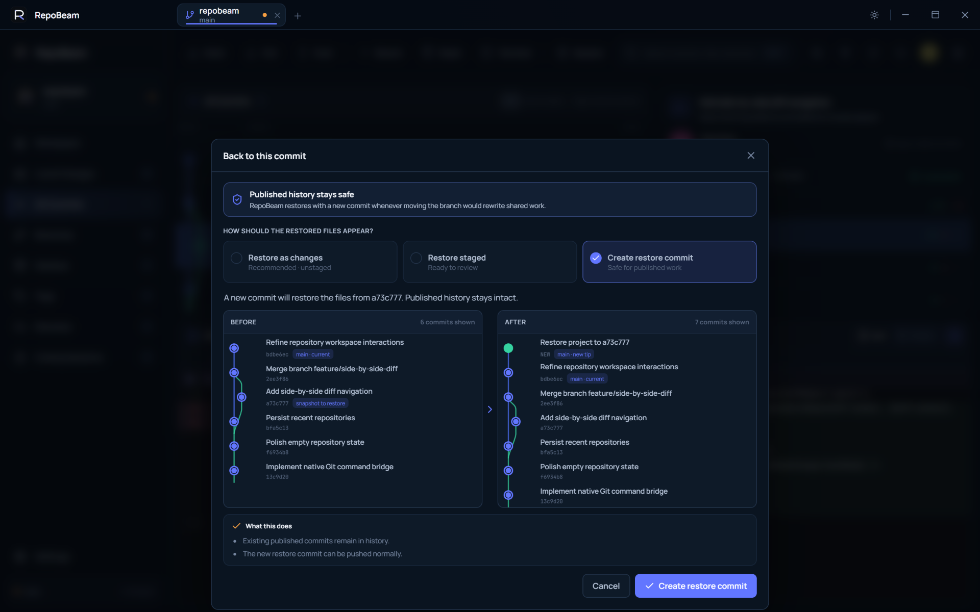 RepoBeam showing a Before and After commit-history preview for a “Back to this commit” operation, so the user can see exactly how the Git history will change before confirming.