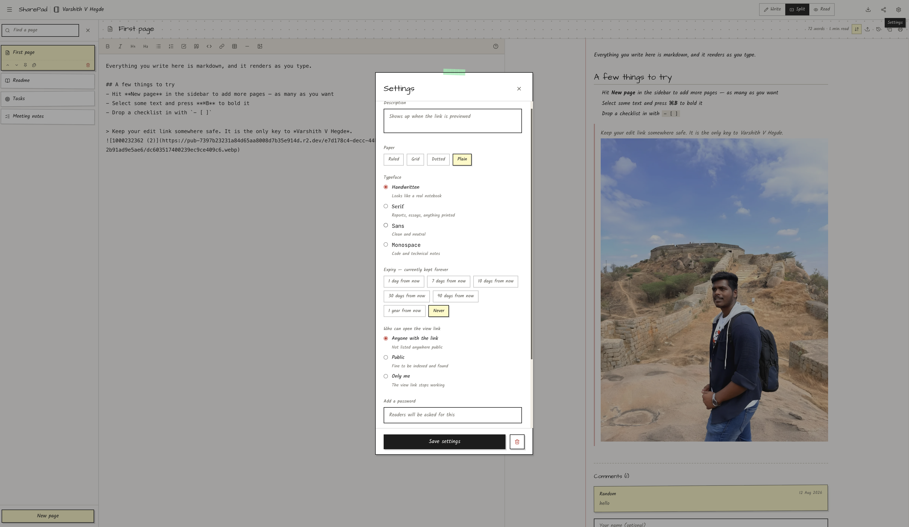 Settings panel with expiry, visibility, and access toggles