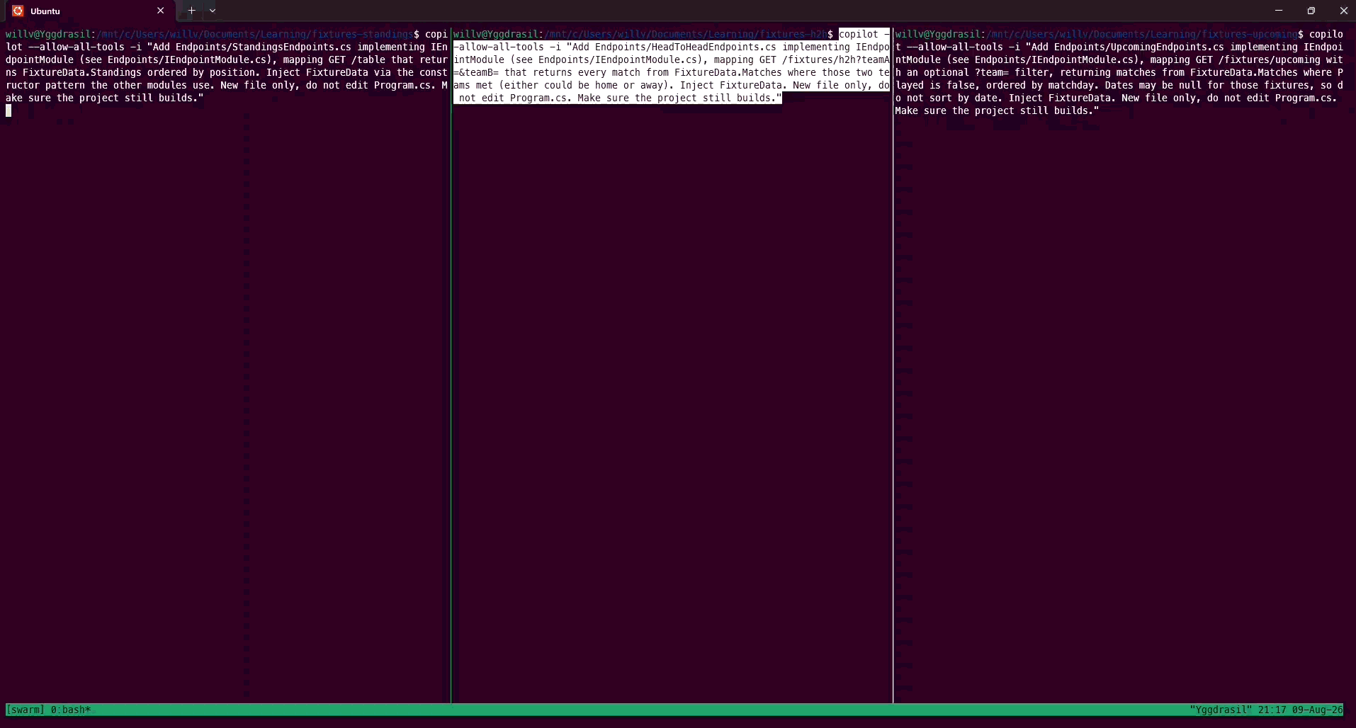 Three GitHub Copilot agents building their endpoints in parallel across three tmux panes
