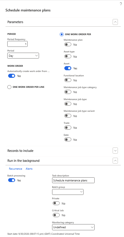 Schedule maintenance plans dialog set up as a recurring batch job with automatic work order creation grouped by asset