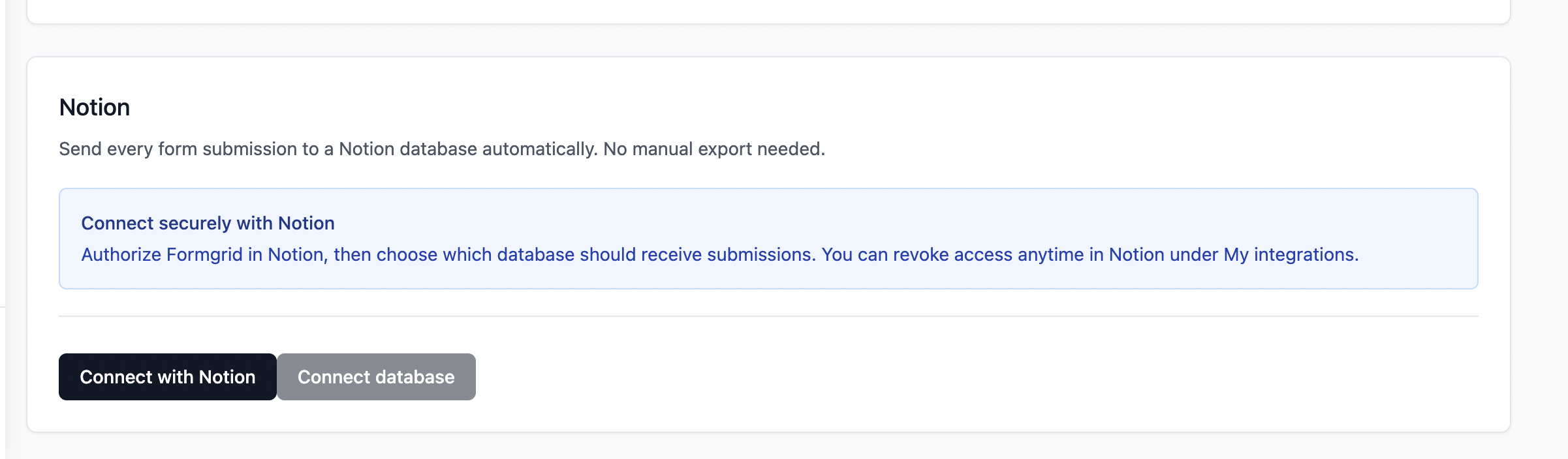 Screenshot: Notion integration section in the Integrations tab, showing the Connect with Notion button