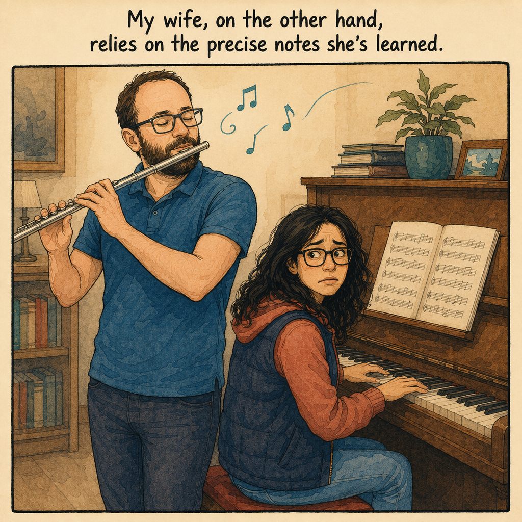 Jimena looks anxious at the piano while Raphaël plays on. Caption: My wife, on the other hand, relies on the precise notes she's learned.
