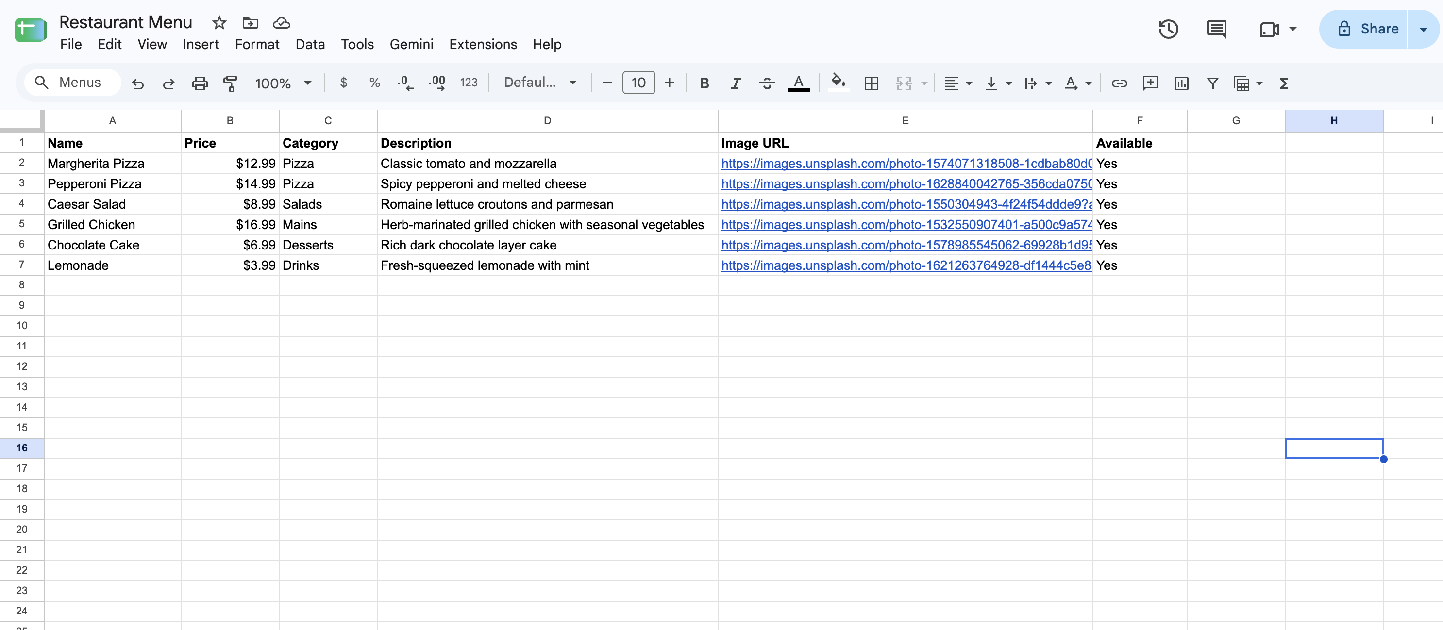 Screenshot of the Google Sheet with menu data filled in across all columns