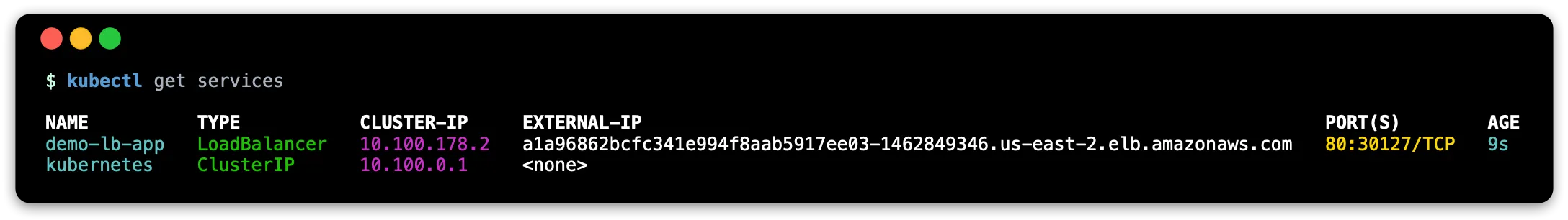 Figure 4: kubectl get services output