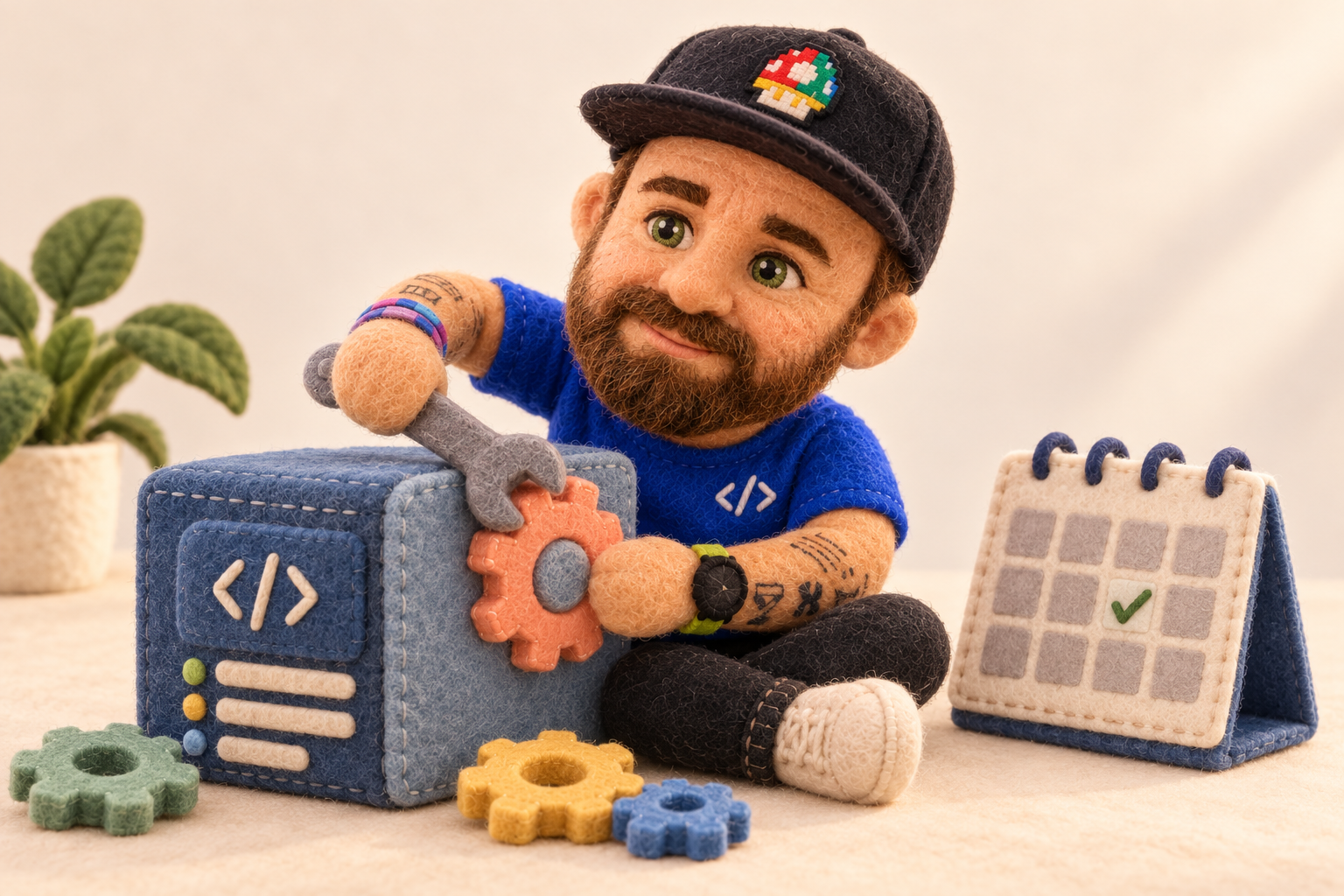 Plush Emanuele maintaining a software box beside a calendar.
