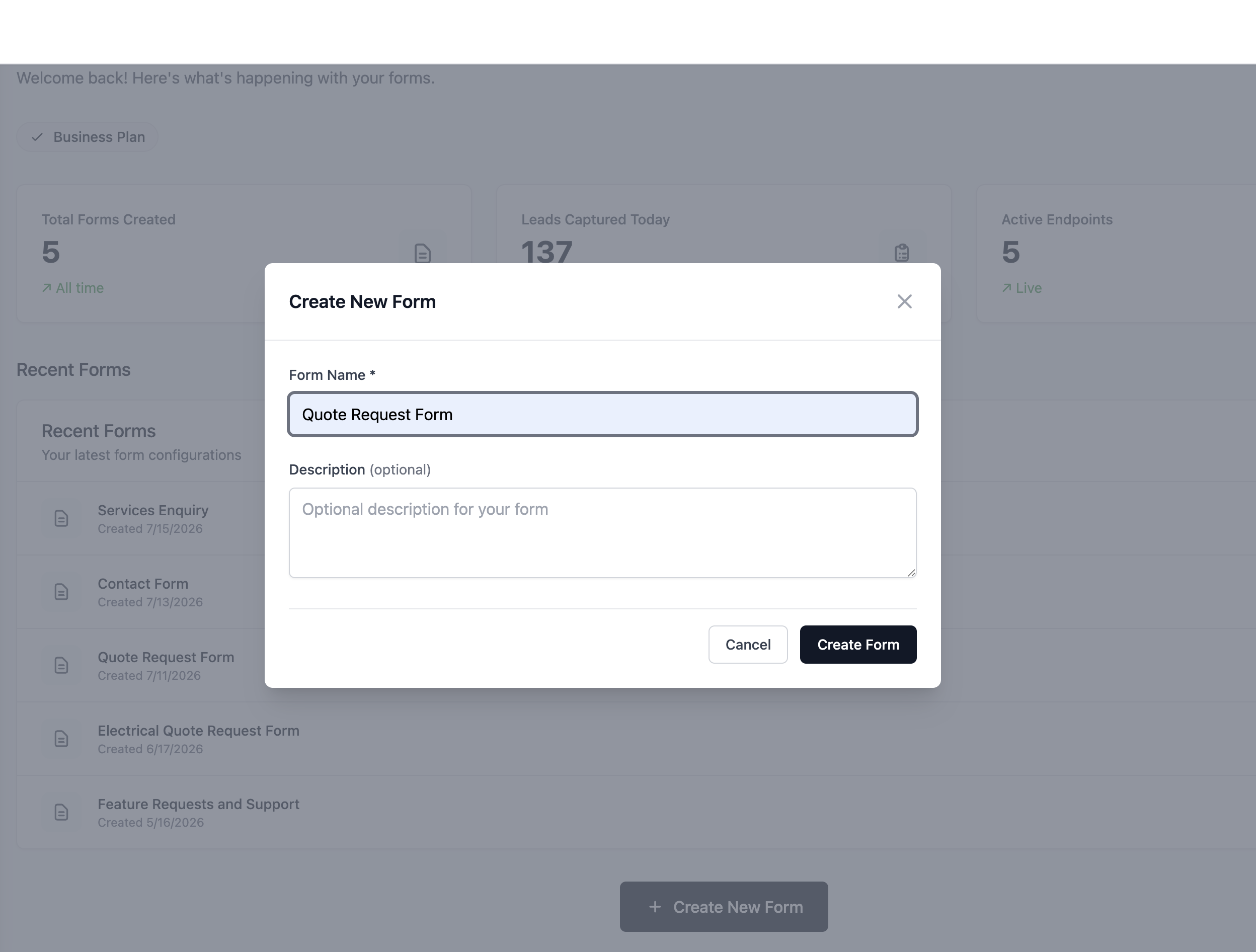 Screenshot: Formgrid dashboard, New Form button