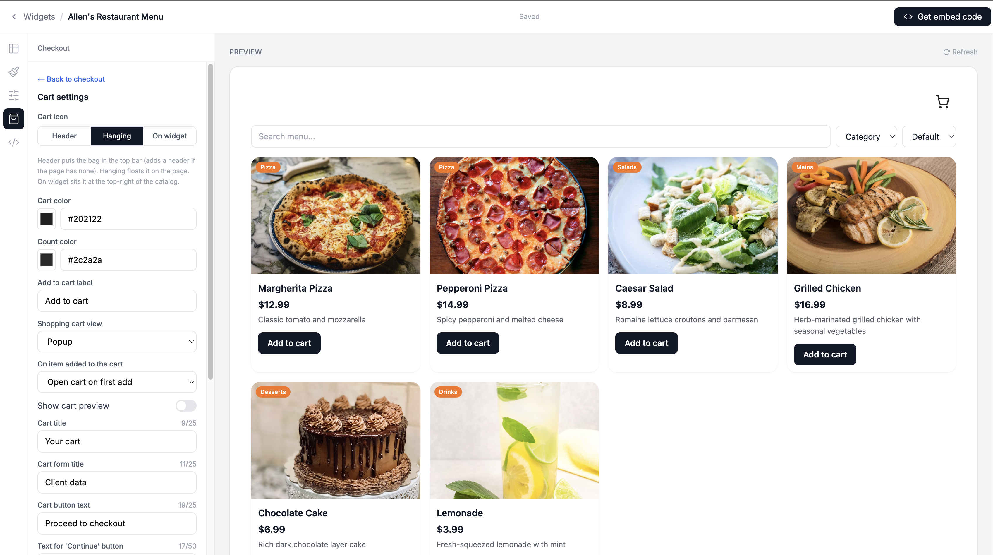Second Screenshot of the button settings with Add to cart mode toggled on