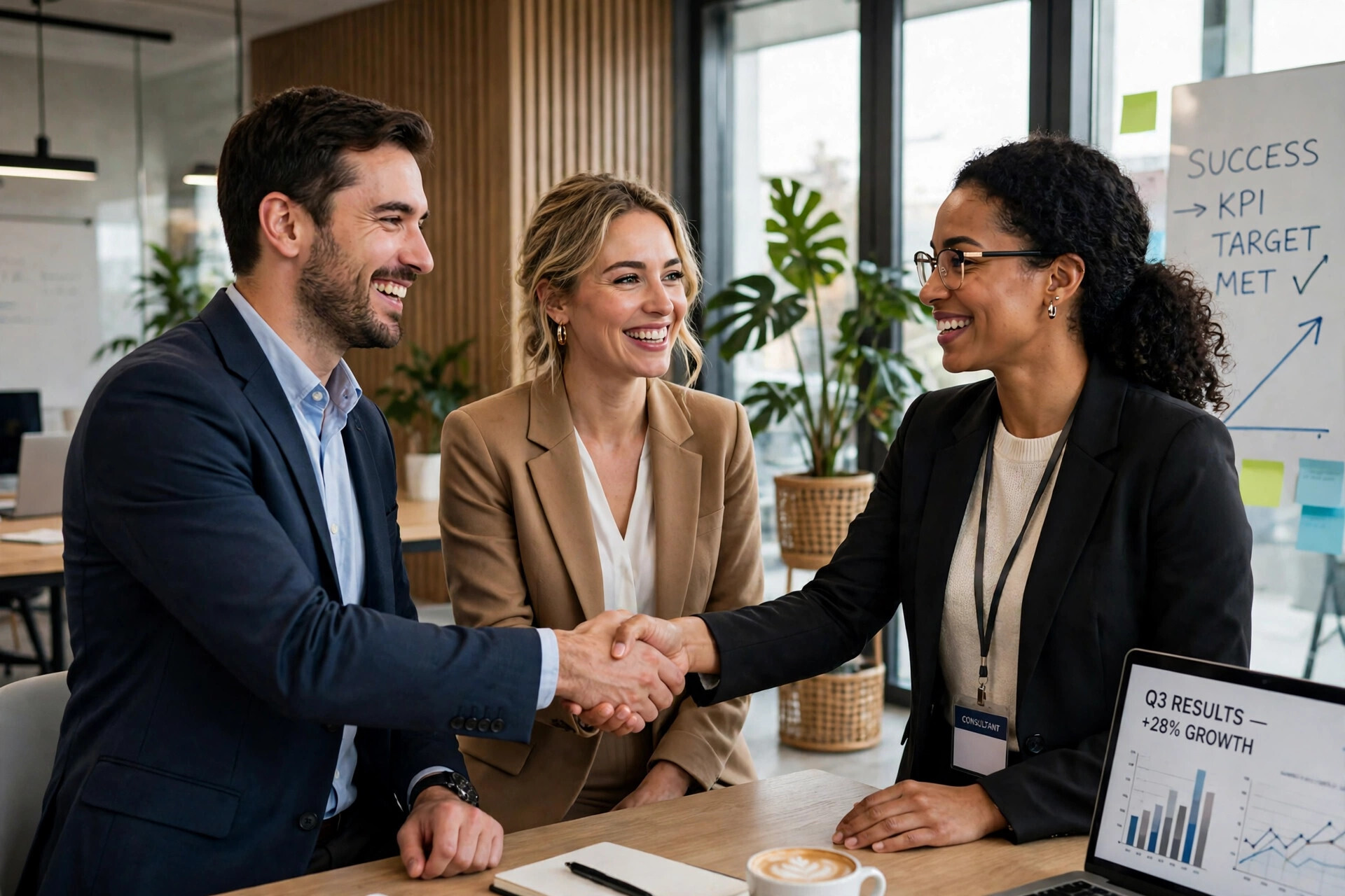 Happy business clients shaking hands with their consultant after achieving strong results