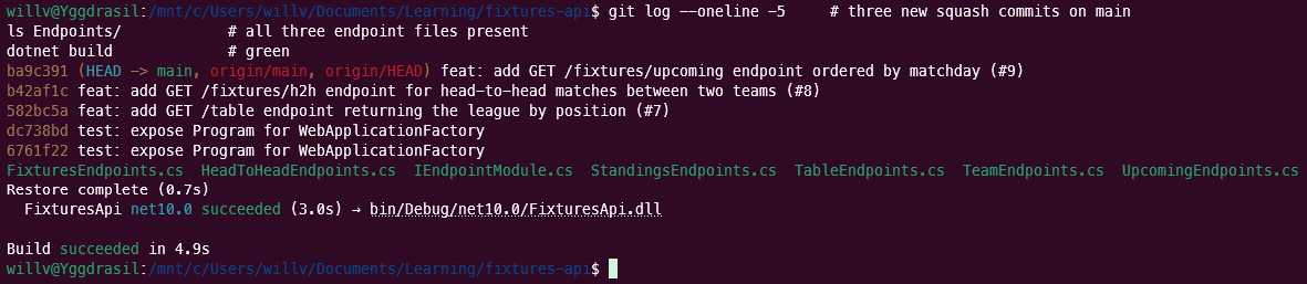 dotnet build succeeding on main after all three endpoints are merged