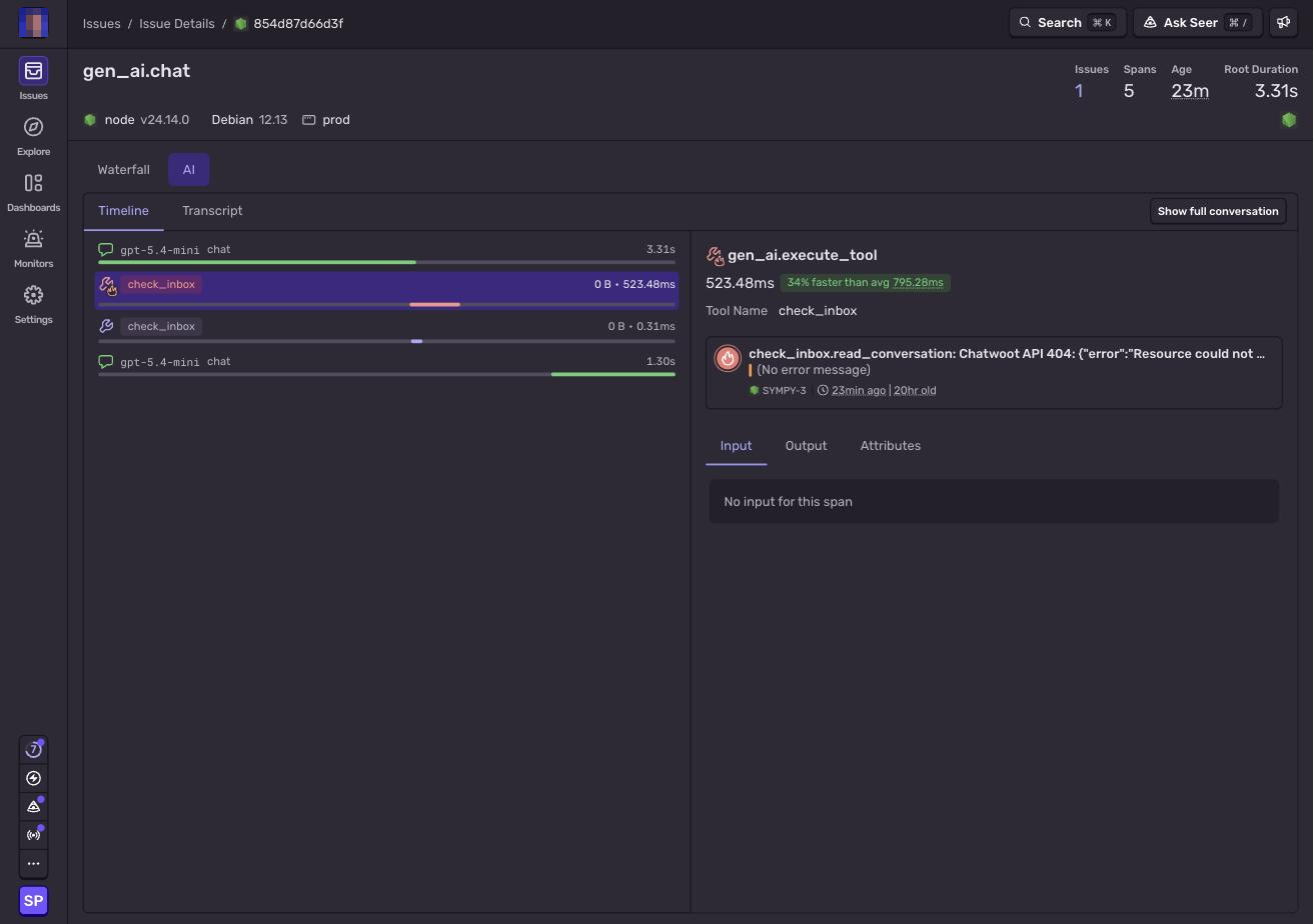 Sentry AI tab showing the trace as a timeline of model calls and tool calls, with an empty Input tab