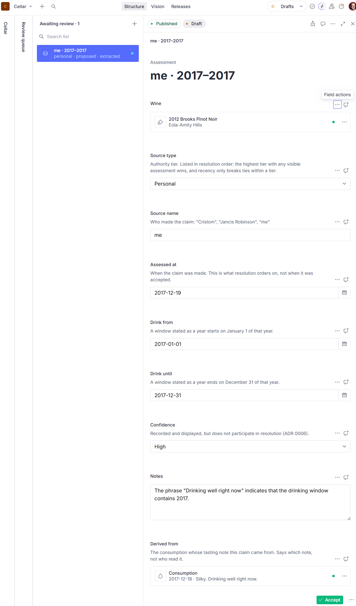 A proposed assessment in the Studio: review state read-only and set to proposed, source method extracted, a reference back to the consumption it came from, and a notes field quoting the phrase the window was drawn from