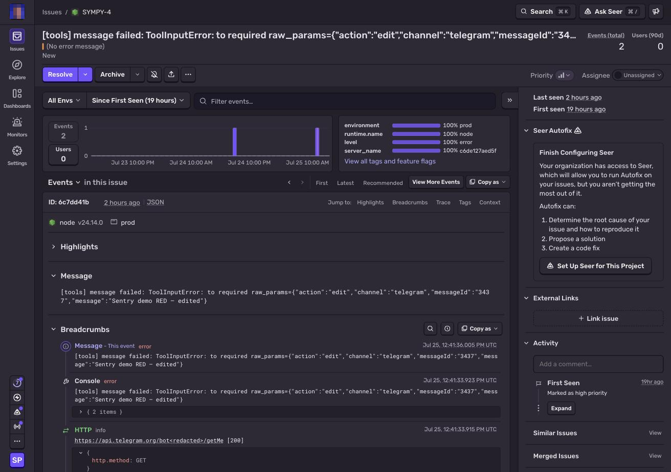 Sentry issue detail showing ToolInputError with raw params and a breadcrumb trail ending in a Telegram API call