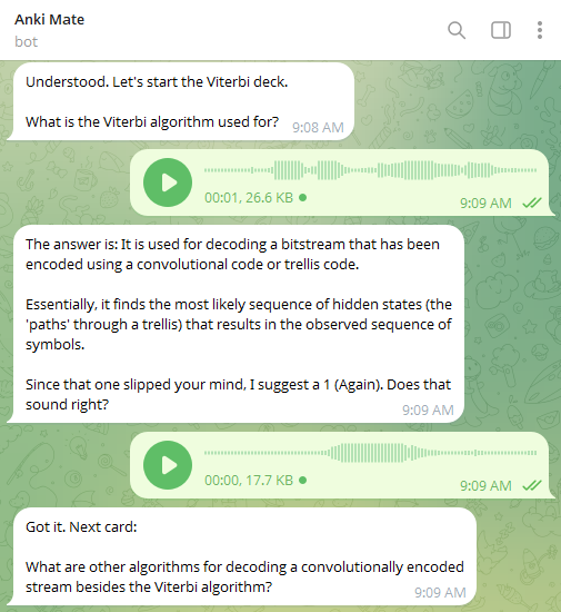 Screenshot: Telegram tutor answering a flashcard from phone