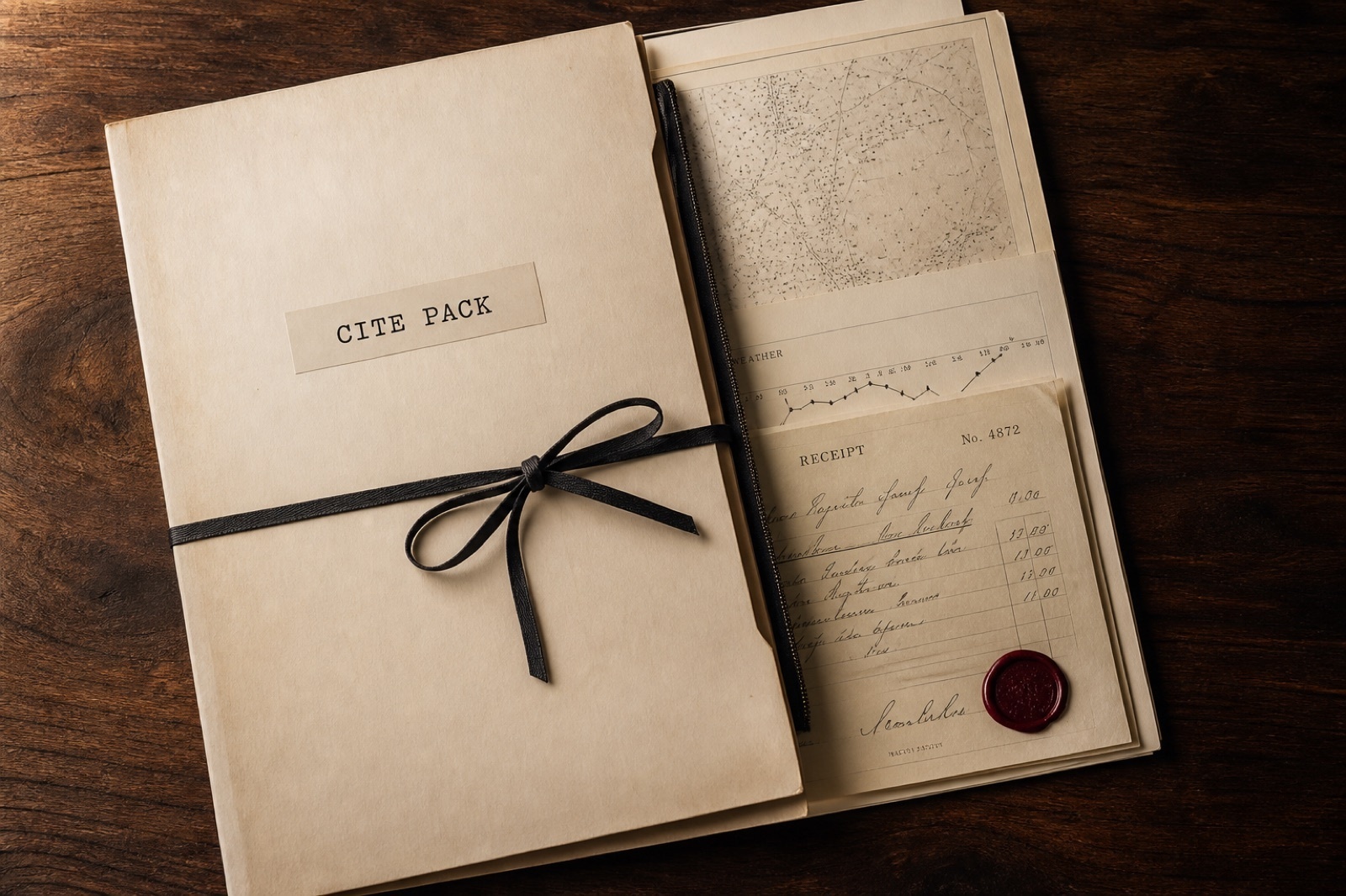 Manila folder labeled CITE PACK on a walnut table