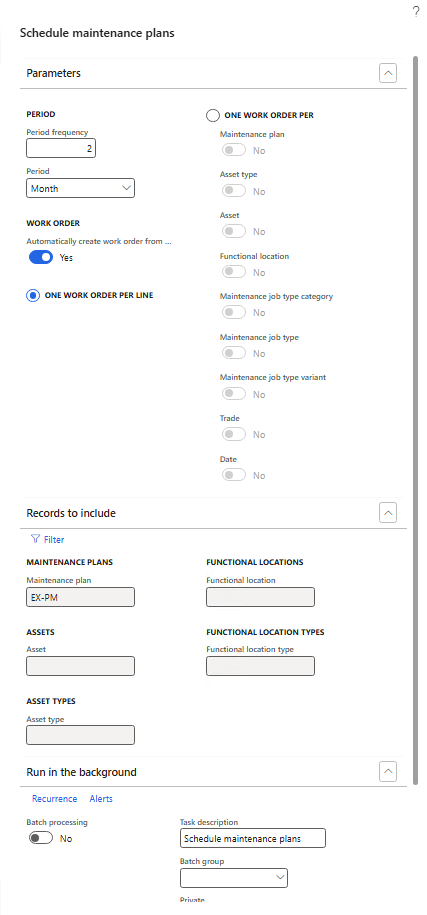 Schedule maintenance plans dialog set to 2 months, automatic work order creation on, limited to EX-PM