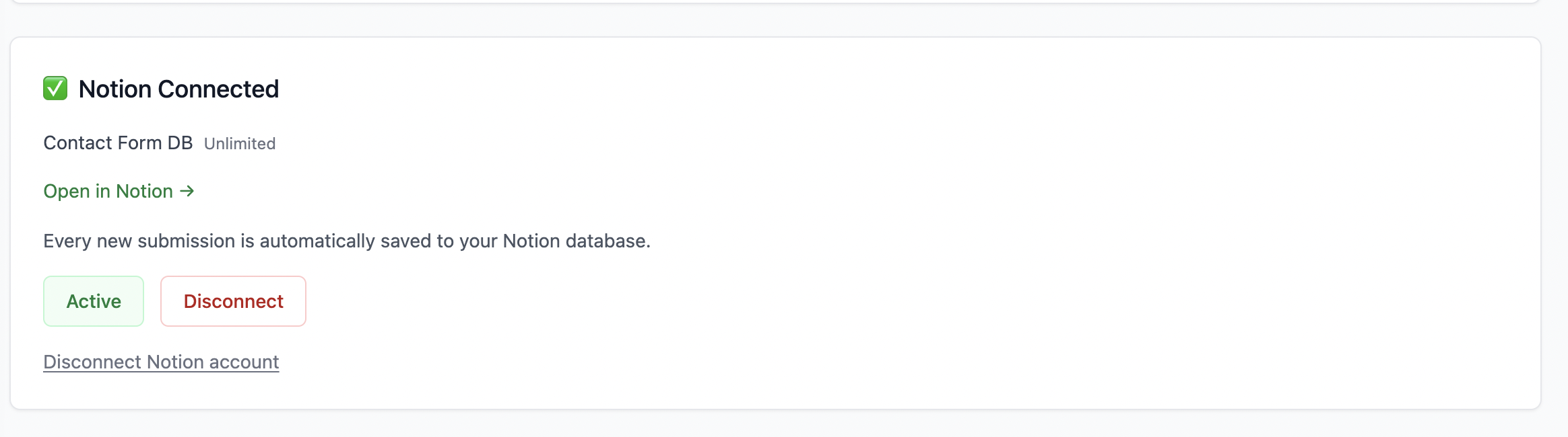 Second Screenshot: Formgrid Integrations tab showing a connected Notion database with the disconnect option