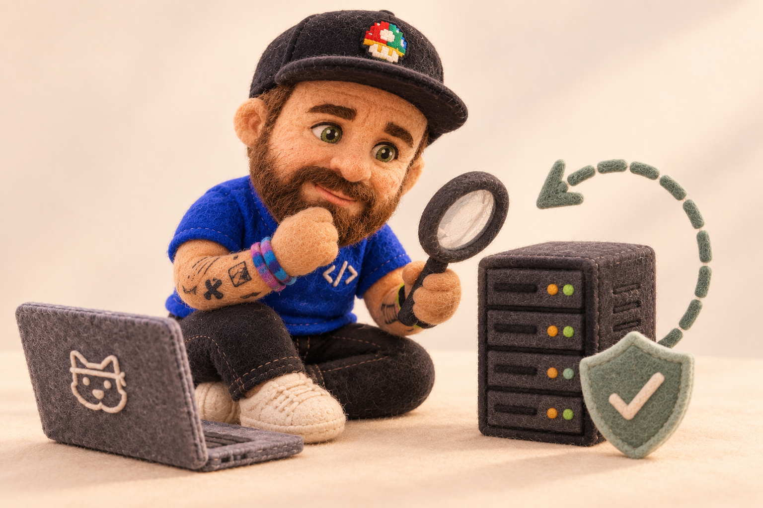 Plush Emanuele inspecting a server with a recovery arrow and a shield.