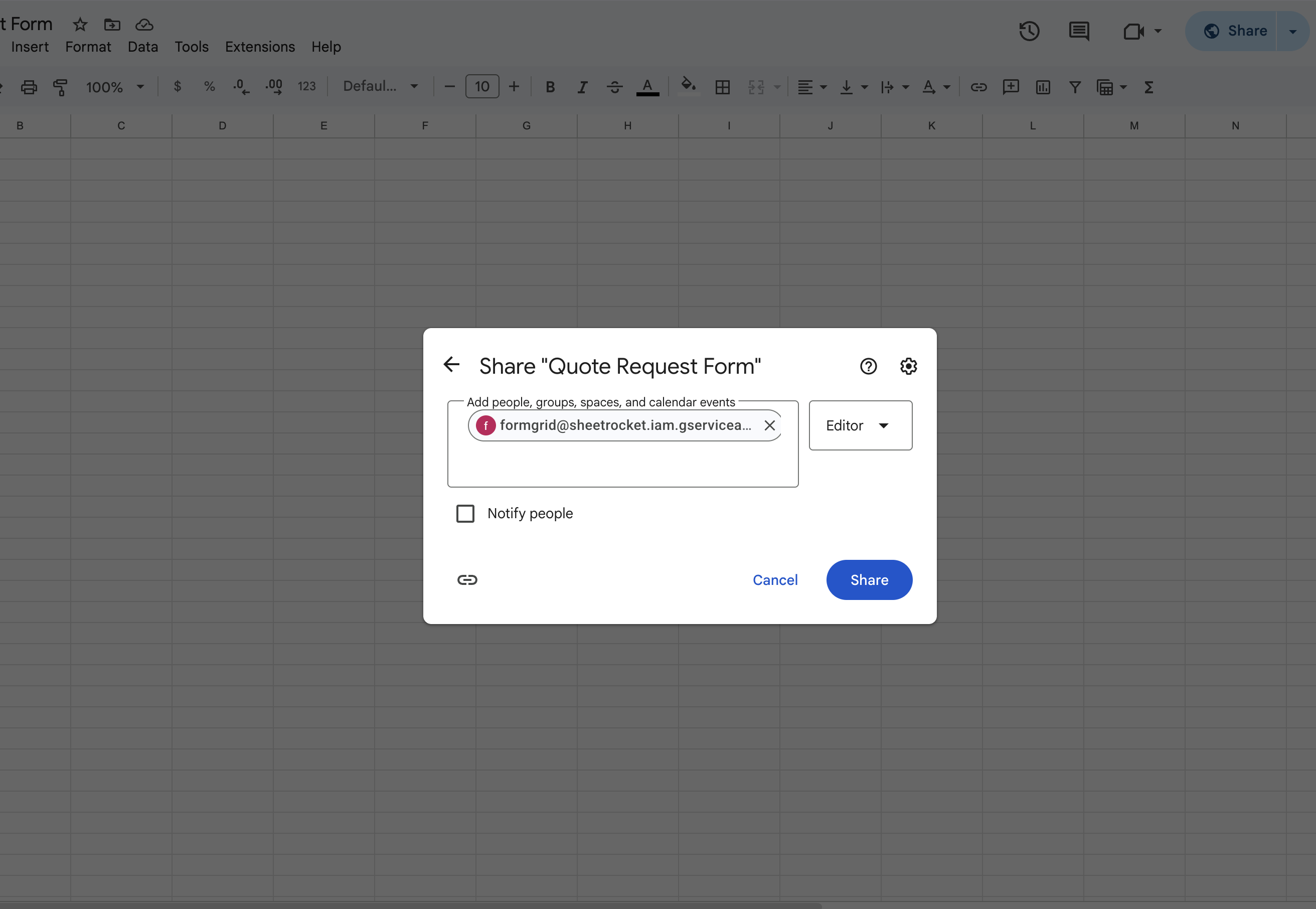 Screenshot: Screenshot showing how service account is being shared with googlesheets