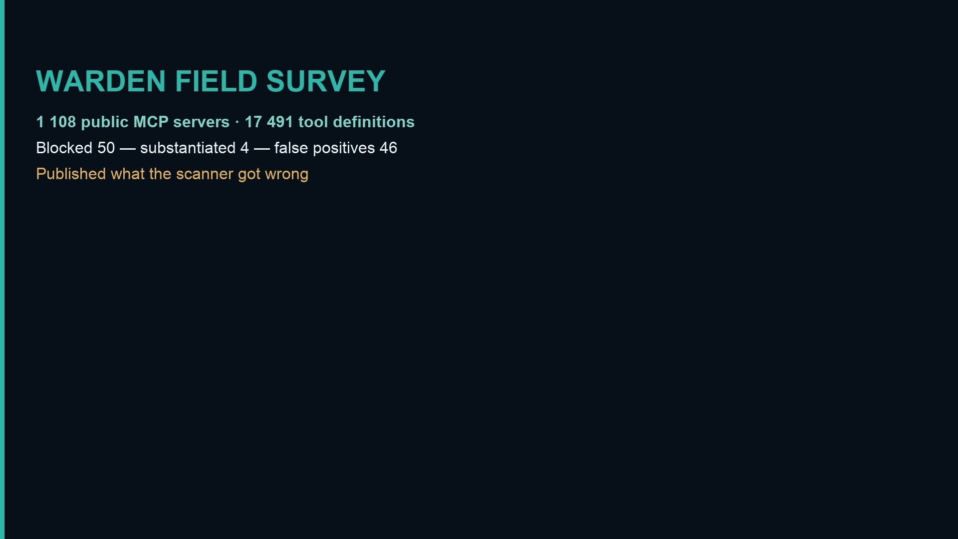 WARDEN field survey — 1 108 MCP servers, 17 491 tool definitions, false positives published