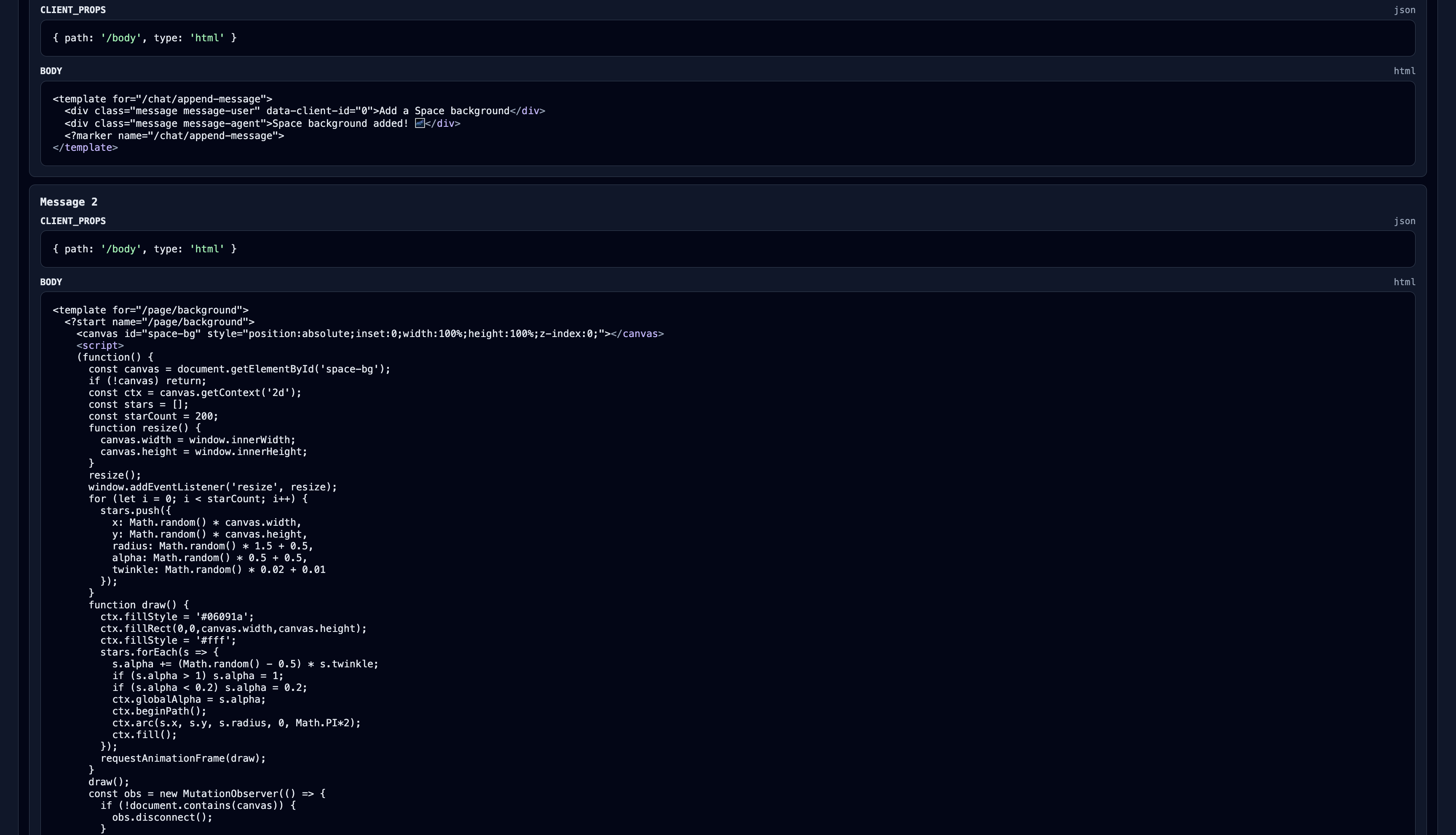 Debug view showing raw LLM message history with protocol delimiters visible