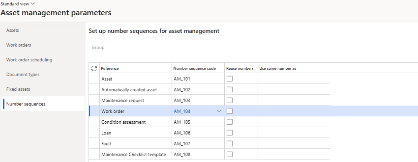 Asset management parameters showing the Work order number sequence code AM_104