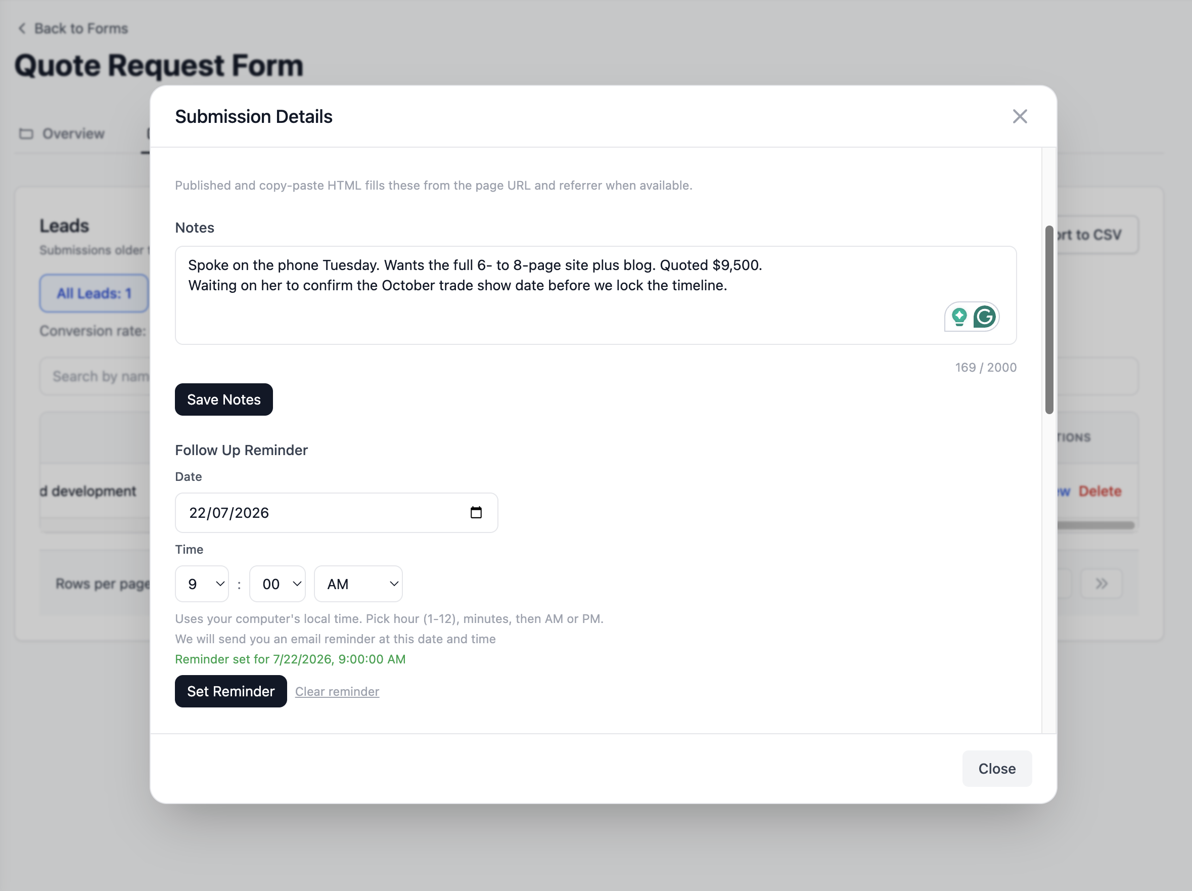Screenshot: Follow up date picker on a lead detail page