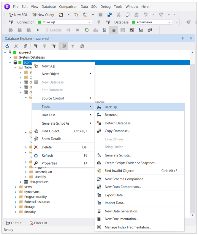 Right-click context menu on a database with New SQL, backup, and other options