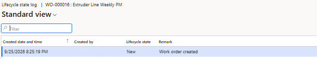 Lifecycle state log for WO-000016 showing it was created on 25 September 2026
