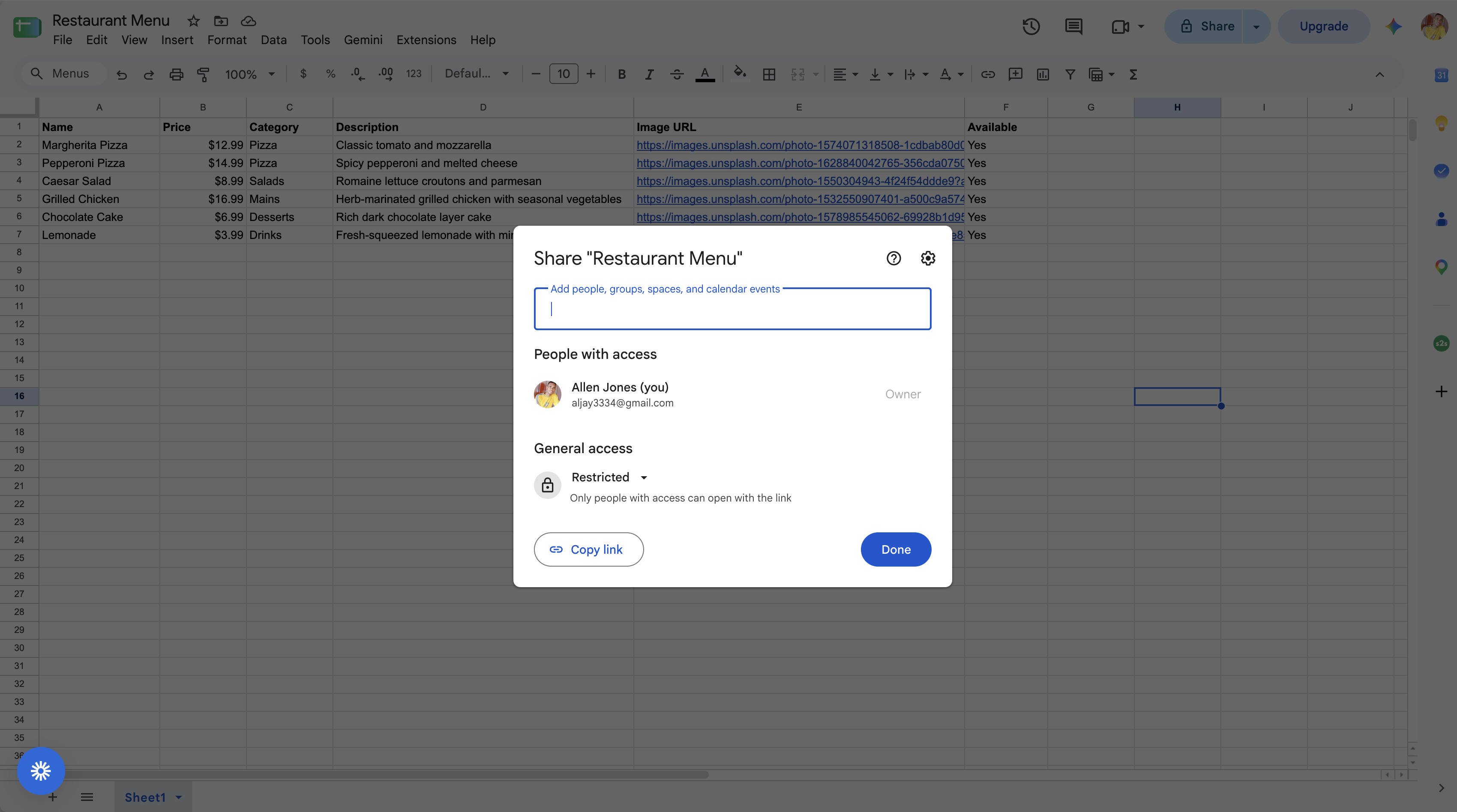 Screenshot of the Google Sheets share dialog