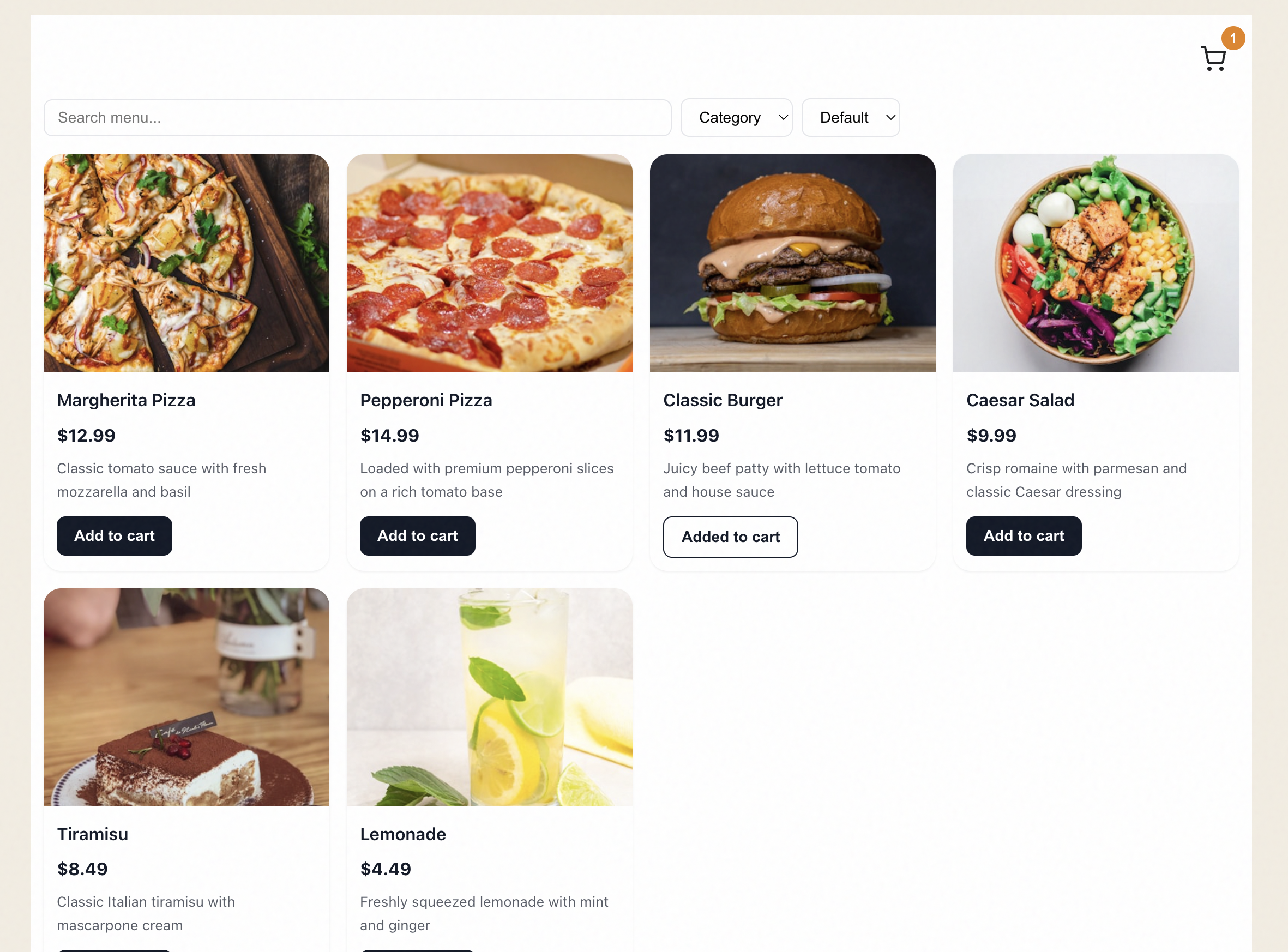 Screenshot of a food card with the circular cart button visible in the bottom right corner of the card