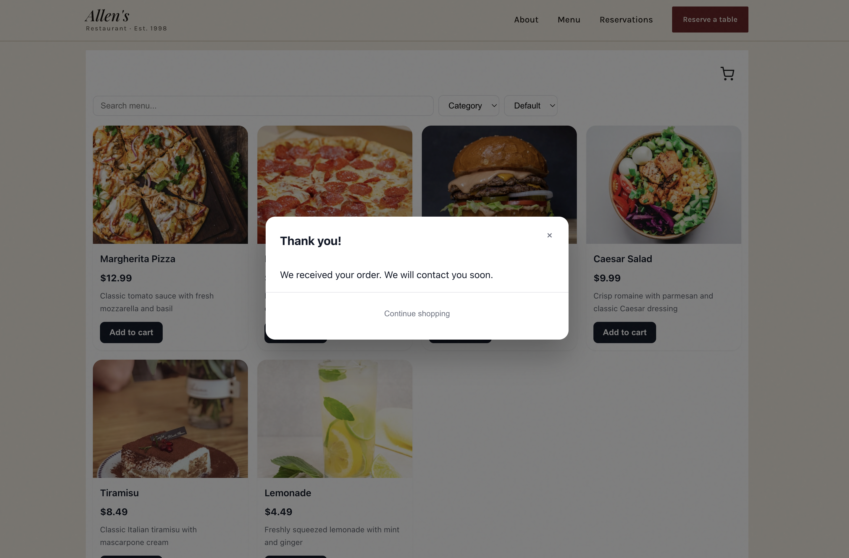 Screenshot of the confirmation dialog after checkout