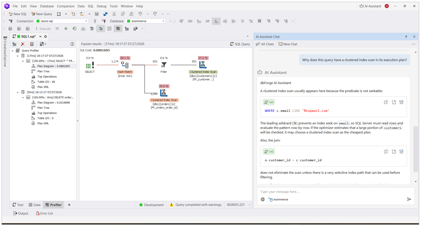 The dbForge AI Assistant explains index scans in a query execution plan