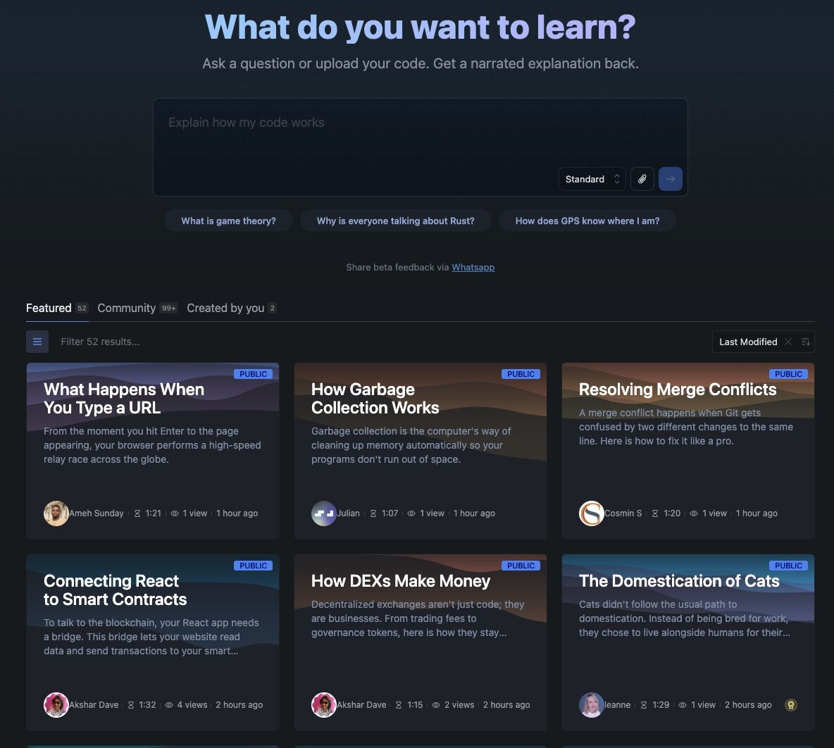 The Explain UI displaying Explainers about various public topics, including programming, merge conflicts, and animal domestication, with user interactions.