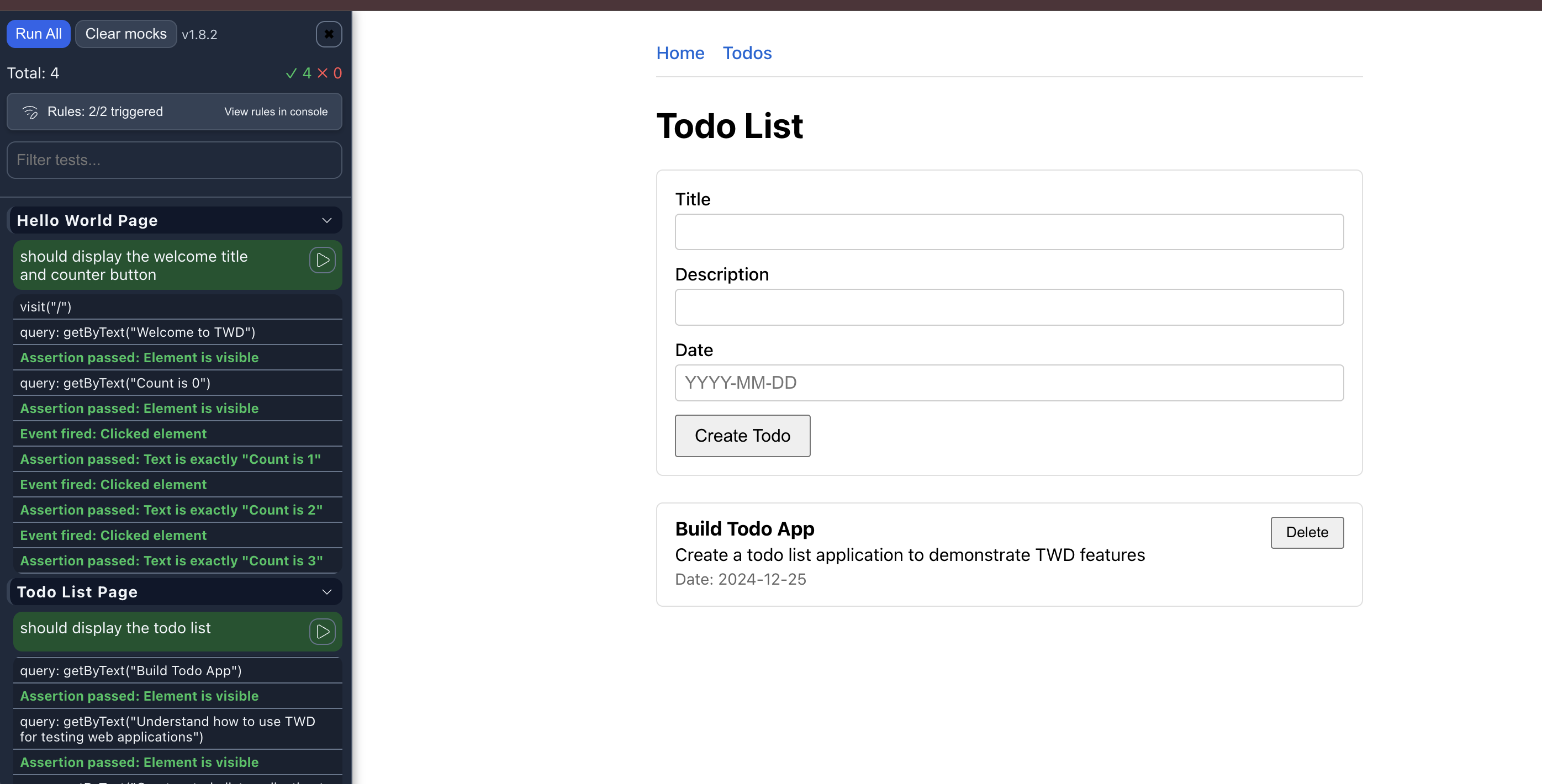 TWD sidebar running tests inside a Create React App