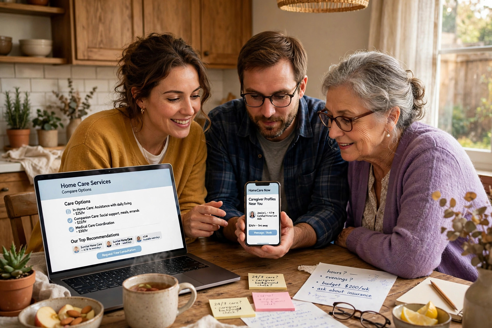 Family researching home care services on a laptop and phone at a kitchen table