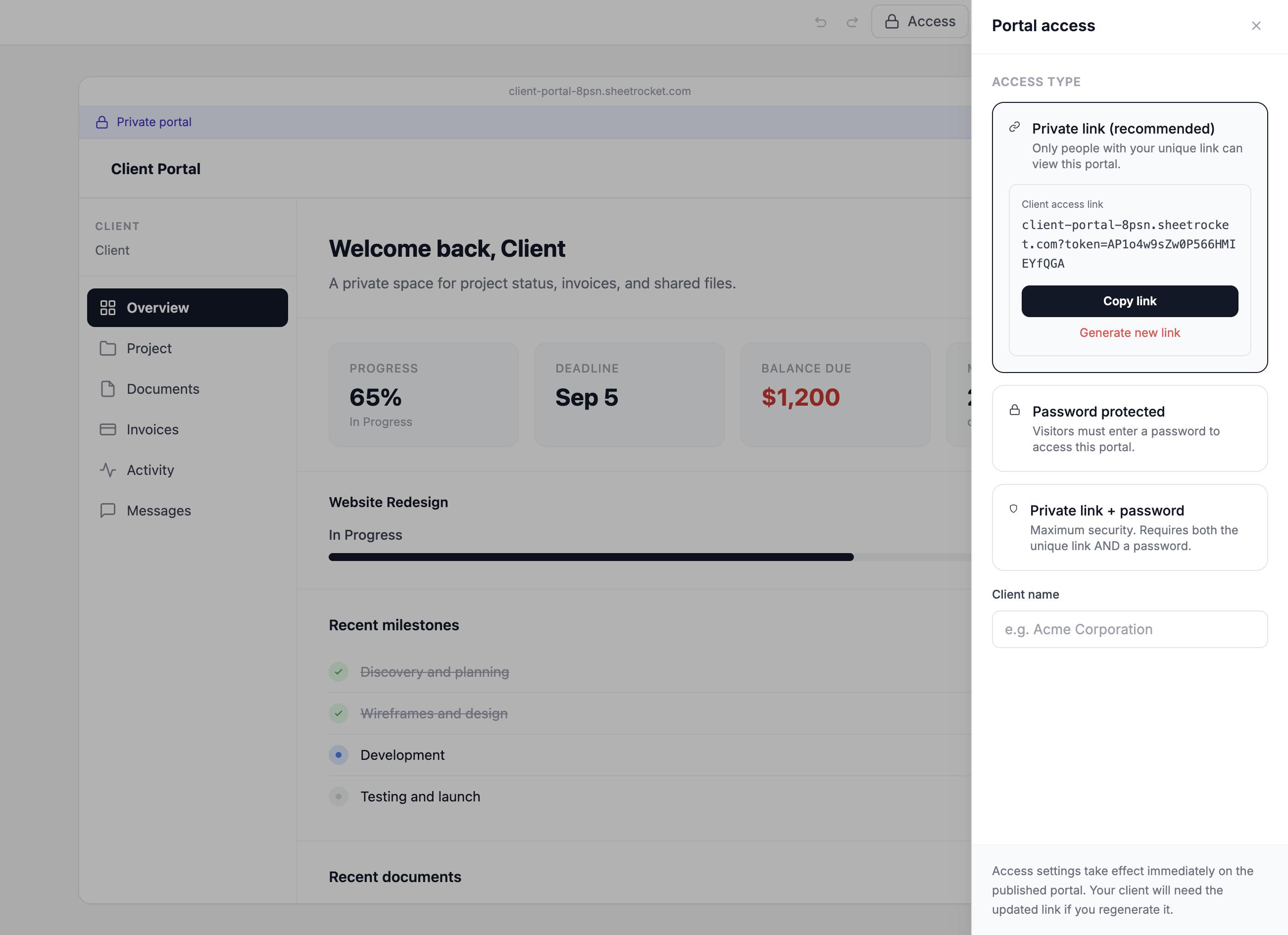 Screenshot of the Access settings panel showing the three access type options with Private link selected