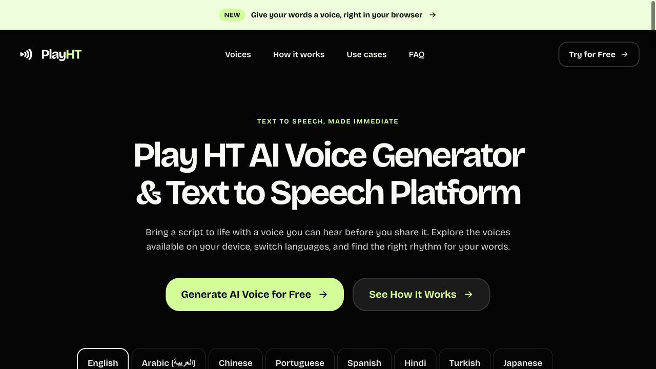 Play HT homepage with the short message editor and language choices