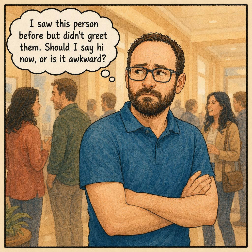 Raphaël arms crossed, thought bubble: I saw this person before but didn't greet them. Should I say hi now, or is it awkward?